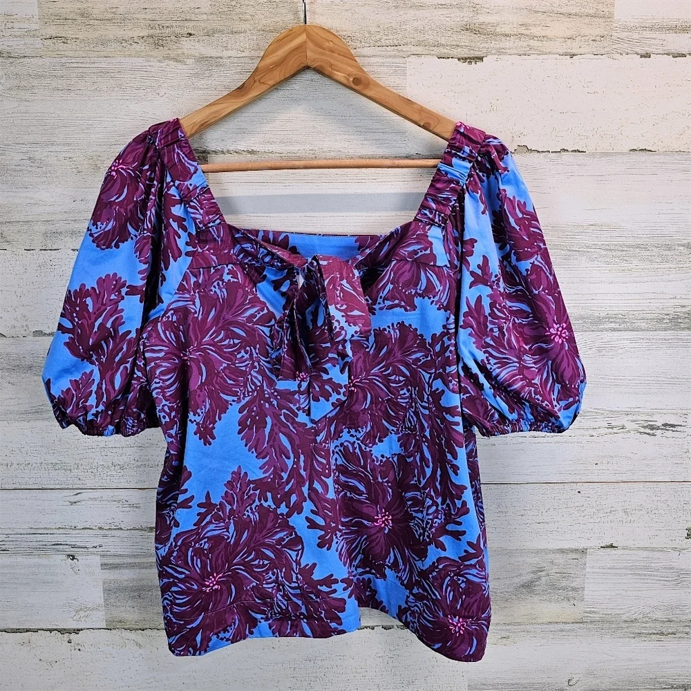 Lilly Pulitzer Torrey Floral Tie Back Top 10 Stretch Poplin Puff Sleeves Preppy